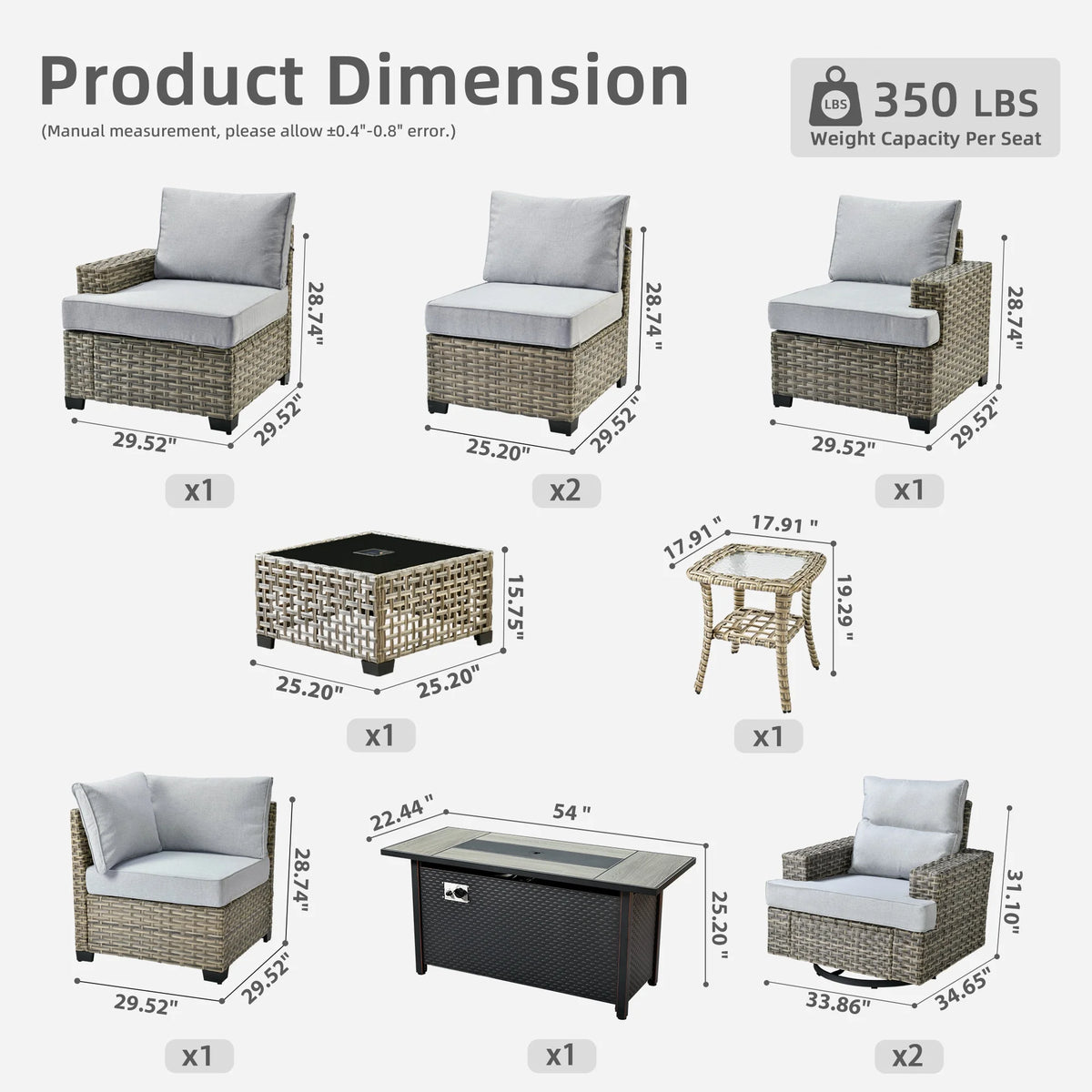 Ovios 10 Pieces Outdoor Patio Furniture Modern High-Back All-Weather Wicker Sectional Conversation Set with Propane Fire Pit Table & Swivel Chair, Dark Gray