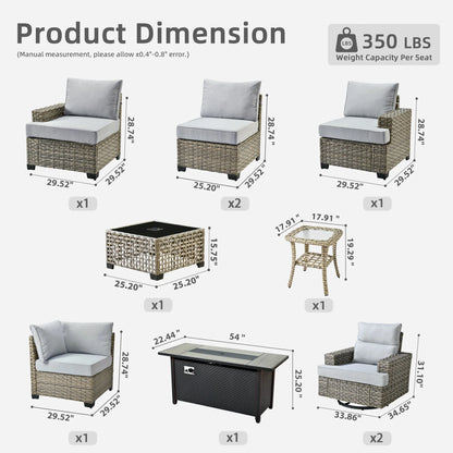 Ovios 10 Pieces Outdoor Patio Furniture Modern High-Back All-Weather Wicker Sectional Conversation Set with Propane Fire Pit Table & Swivel Chair, Dark Gray