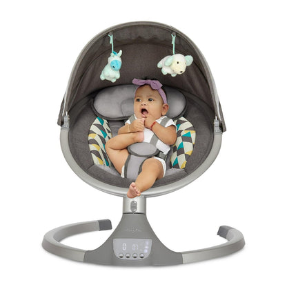 Dream On Me Zazu Baby Swing. Baby Swing for Infant. 5 - Swinging Speed. Two Attached Toys. Bluetooth Enabled and Remote Control. Grey and Blue