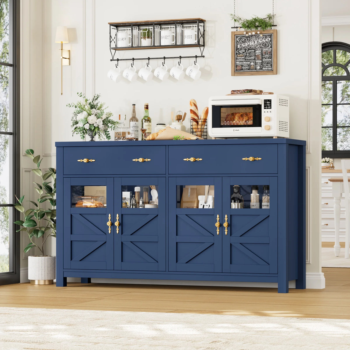 Homfa Farmhouse 55.1"WKitchen Buffet Cabinet with Storage Drawer & Adjustable Shelf, Glass Door Wood Sideboard Credenza Coffee Bar with for Dining Room Living Room, White & Black