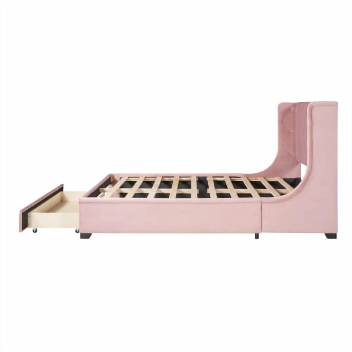 Queen Bed Frame with Storage Drawer, Velvet Upholstered Storage Bed, Wood Platform Bed Frame with Wingback Headboard and a Big Drawer(Beige)