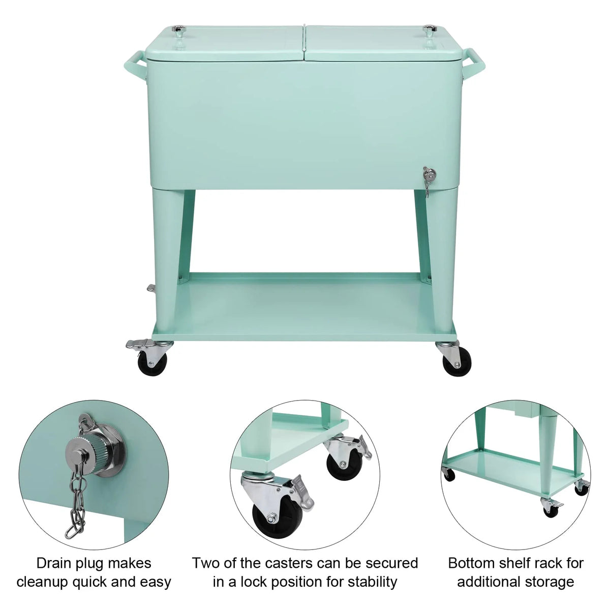 BNSPLY 80 Quart Outdoor Cooler Cart Rolling Ice Chest Cooler Cart, Portable Patio Cooler with Bottle Opener, Handles and Drainage, Standing Cooler for Patio Party, Camping and BBQ, Mint Green