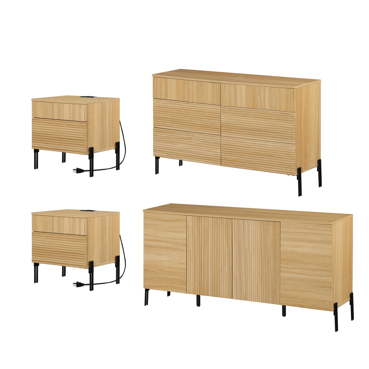 4 Pcs Bedroom Set,6 Drawer Dresser And Nightstand Sets For Bedroom,Night Stand Set Of 2, Modern Accent Cabinet With Hidden Handles, Reed Pattern & Double Chopsticks Legs
