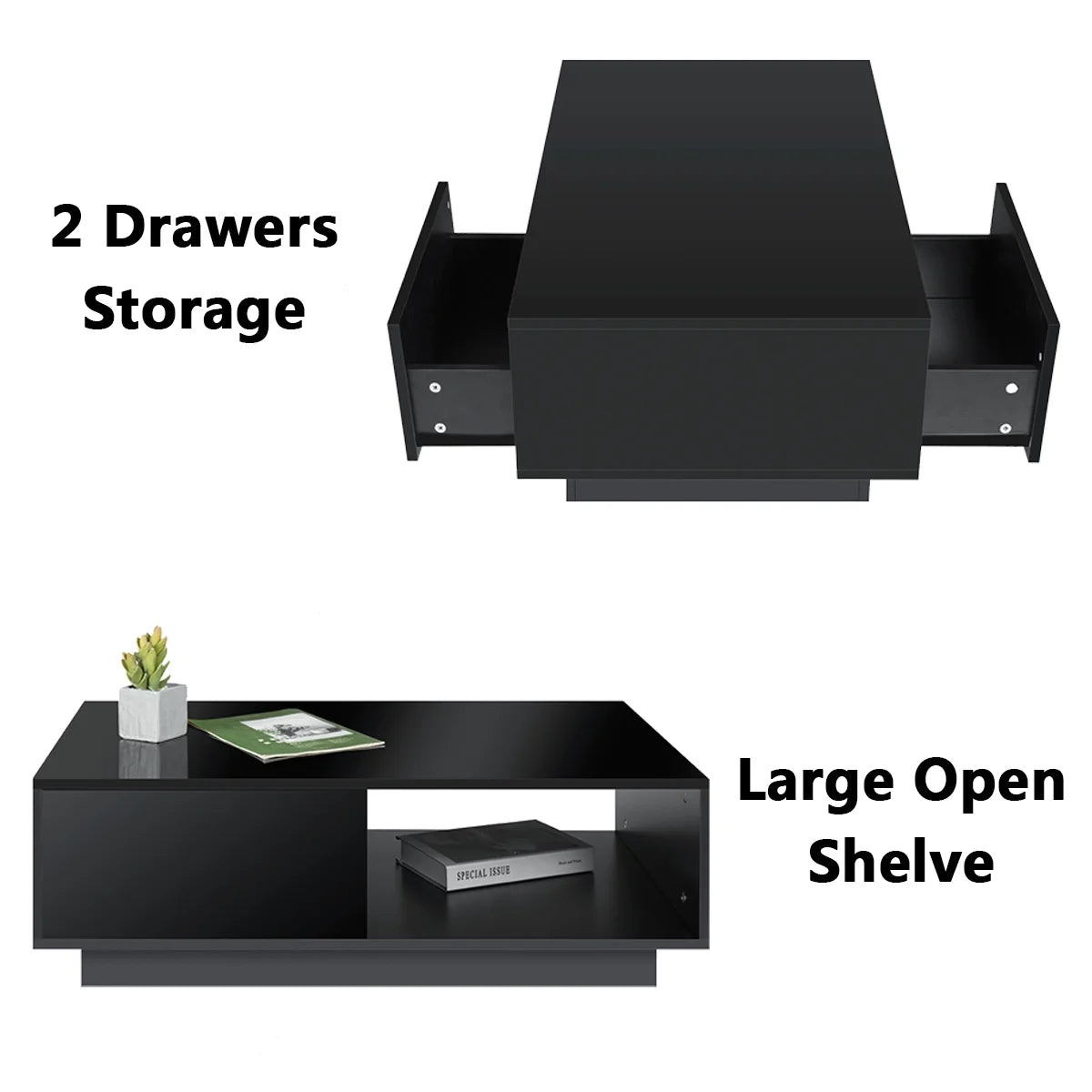 Hommpa LED Coffee Table Modern Side Tables High Gloss Black Cocktail Table with 2 Drawers Open Shelf for Living Room