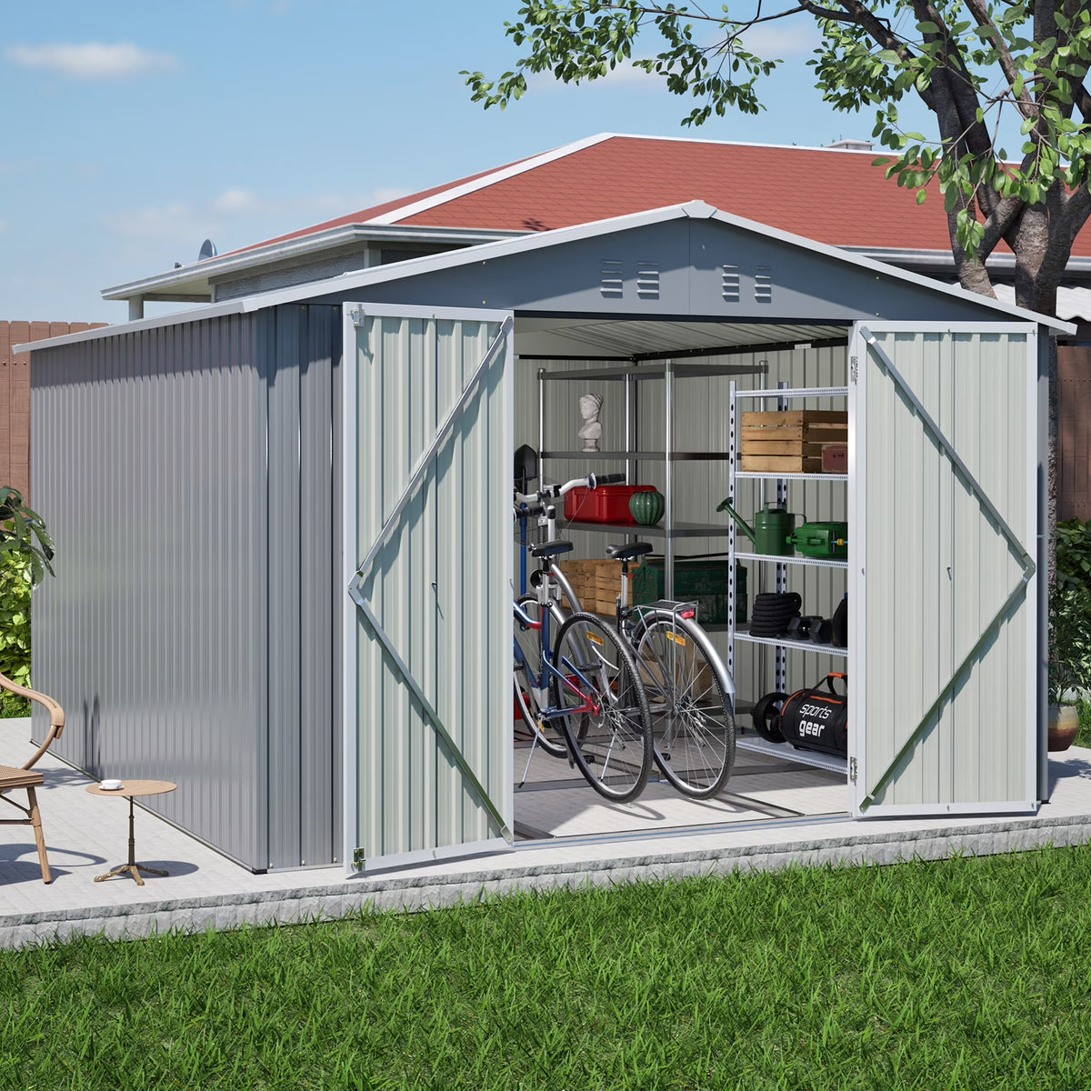 LZBEITEM 10 x 10 ft Outdoor Storage Shed with Floor Frame Kit, Galvanized Steel Garden Sheds, Garden Tool Shed with Double Lockable Doors for Backyard Patio Lawn, Grey