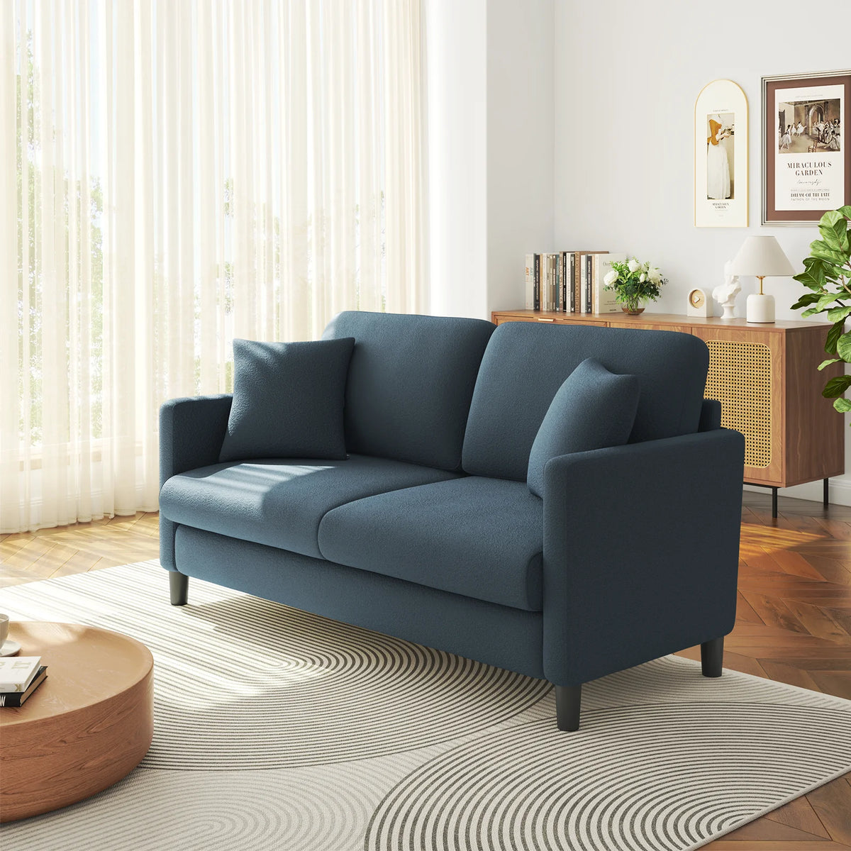 Loveseat Sofa,65" Comfy Teddy Fleece Love Seat Couch,Neche Extra Deep Seats Sofas,Tool-Free Setup Couch with 2 Pillows for Living Room,Coffee Brown