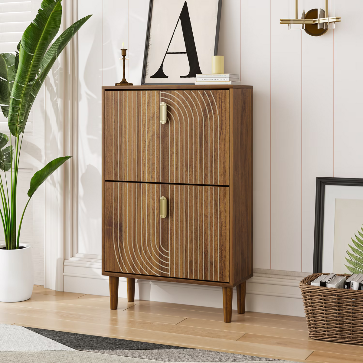 Hommoo 2 Flip Drawers Shoe Storage Cabinet, Freestanding Shoe Cabinet with Metal Handles & line groove design, Shoe Rack Cabinet, Walnut