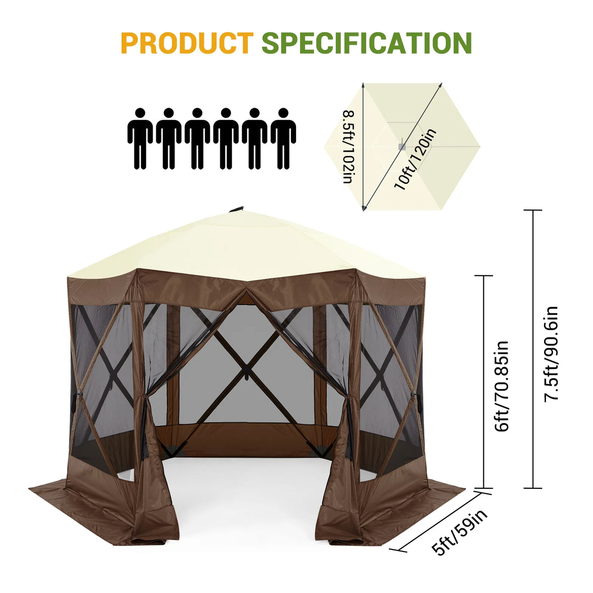Pop Up Gazebo,Portable Outdoor Camping Canopy Screen Tent With Waterproof 6 Sidewalls&Mosquito Netting,Easy Up Windproof & Waterproof Party Tent For Lawn Garden Backyard,Grey/Brown