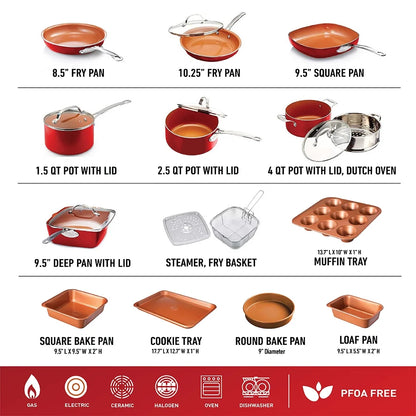 Gotham Steel 32 Pcs Pots and Pans Set Non Stick, Cookware Set with Bakeware and Premium Food Storage Set Nonstick Pots and Pans Set, Red