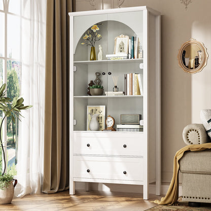 Arched Bookcase, Oak Arched Cabinet with Drawers, 71" Tall China Curio Cabinet, Display Cases for Collectibles, Vintage Bookshelf for Ding Room, Bedroom, Living Room