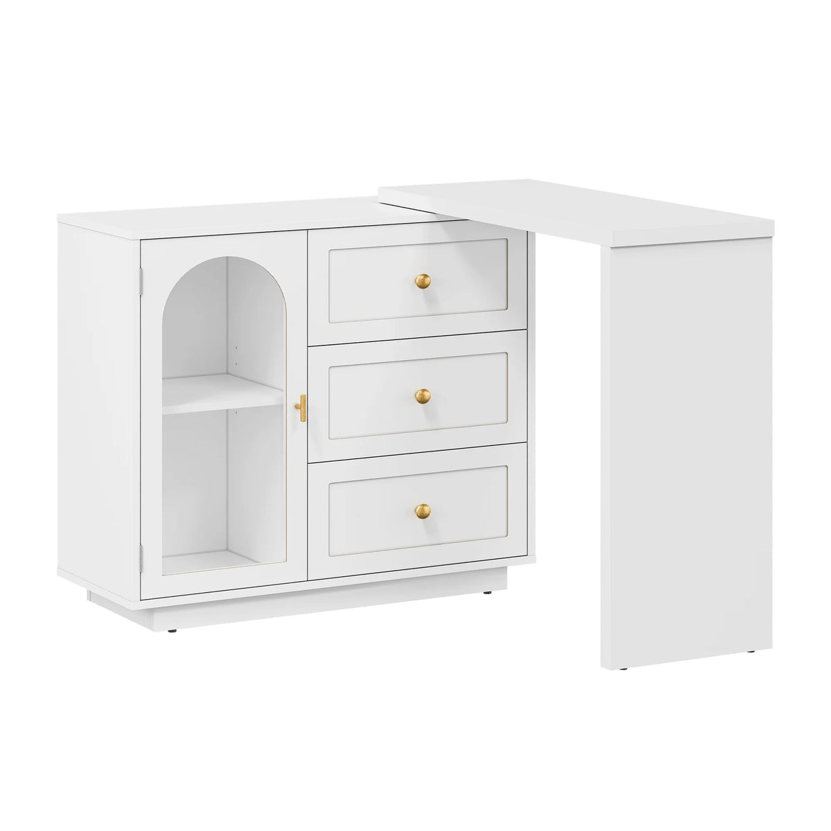 CozyHome 59�� Extendable Corner Vanity Desk with Rotatable Tabletop, Large White Makeup Vanity Table for Women Girl, 3 Drawer & 1 Door, Wood Vanity Dresser for Apartment, Dorm, Study Room, Home Office