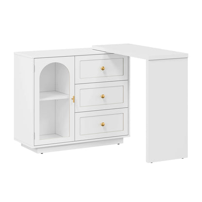 CozyHome 59�� Extendable Corner Vanity Desk with Rotatable Tabletop, Large White Makeup Vanity Table for Women Girl, 3 Drawer & 1 Door, Wood Vanity Dresser for Apartment, Dorm, Study Room, Home Office