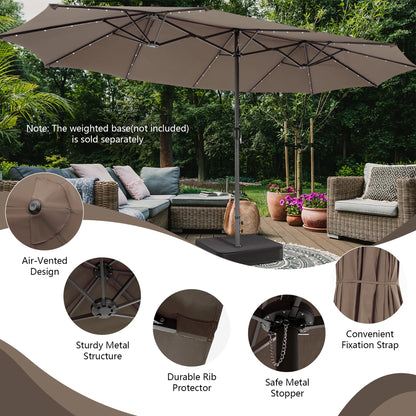 Costway 15FT Twin Patio Double-Sided Umbrella 48 Solar LED Lights Crank Outdoor Beige