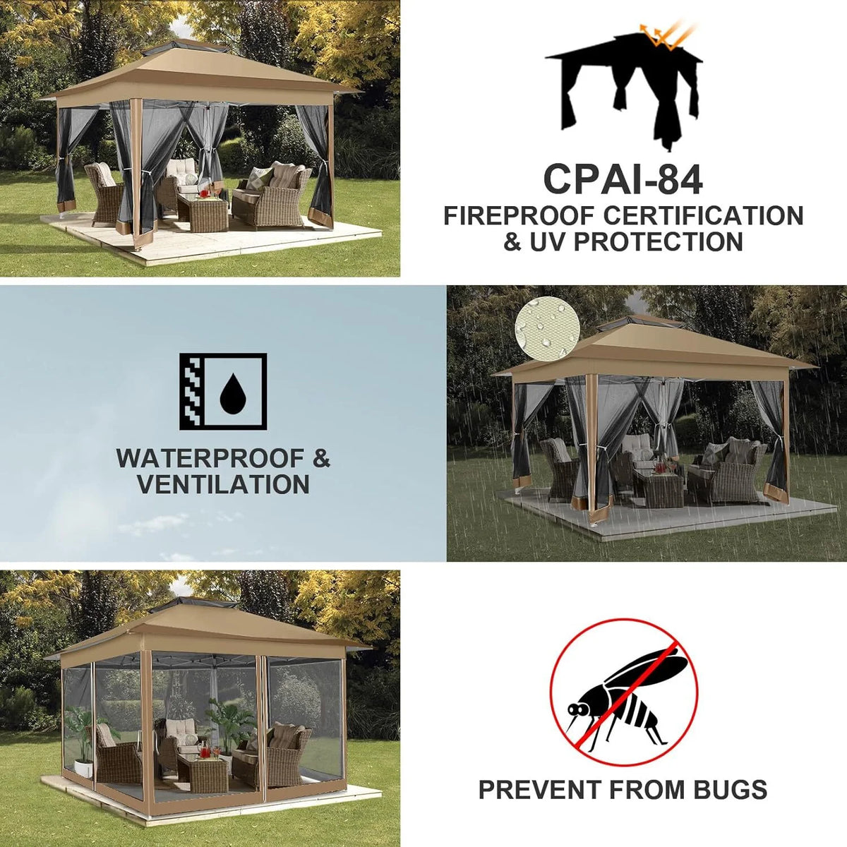 COBIZI 12x12 Outdoor Gazebo Pop Up Gazebo Canopy with Mosquito Netting Patio Tent Backyard Canopy with 2-Tiered Vented Top 3 Adjustable Height, Beige