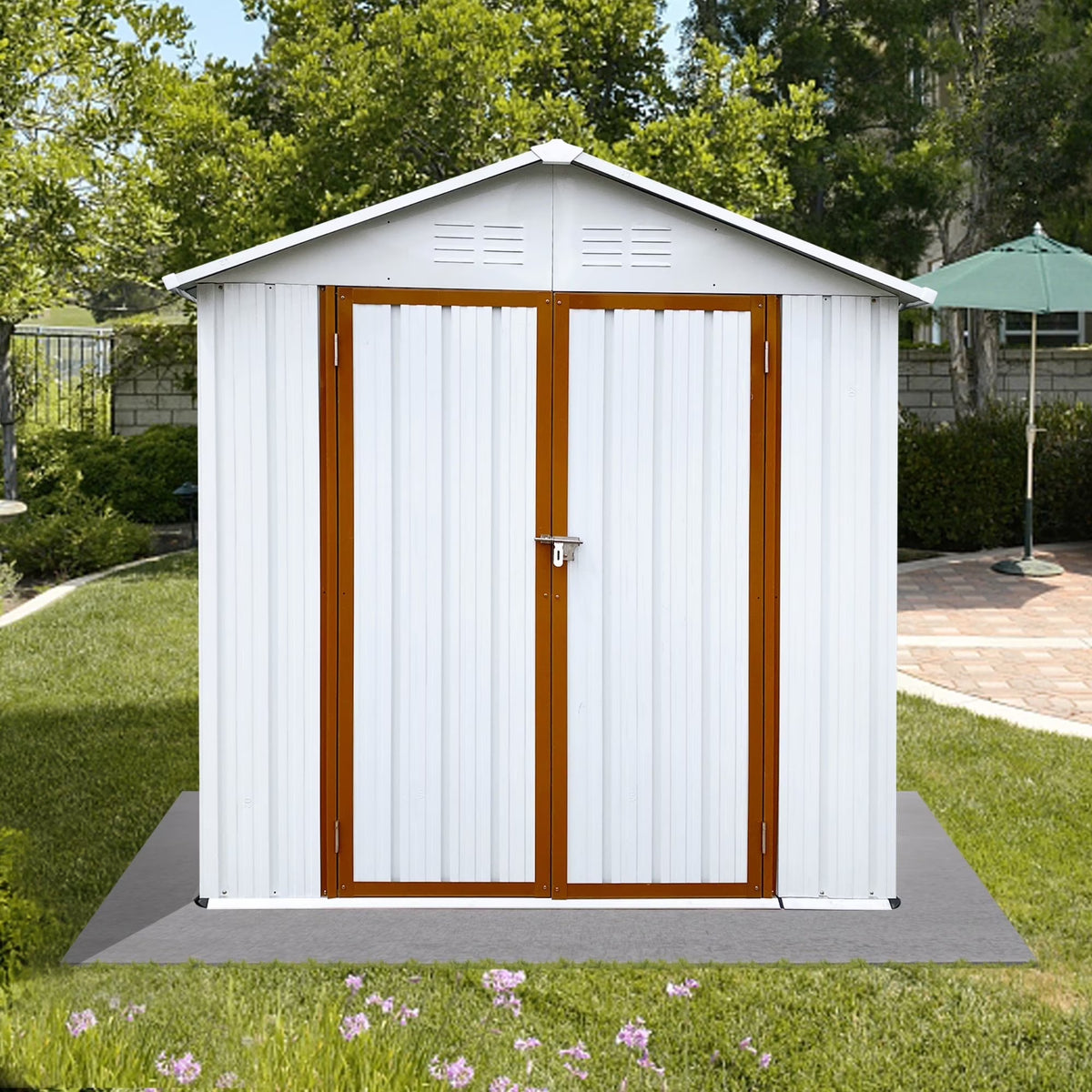 5��4 FT Outdoor Storage shed, Metal Shed with Sloping Roof and Lockable Door, Tool Shed for Bike, Toys, Backyard, Garden, Patio, White