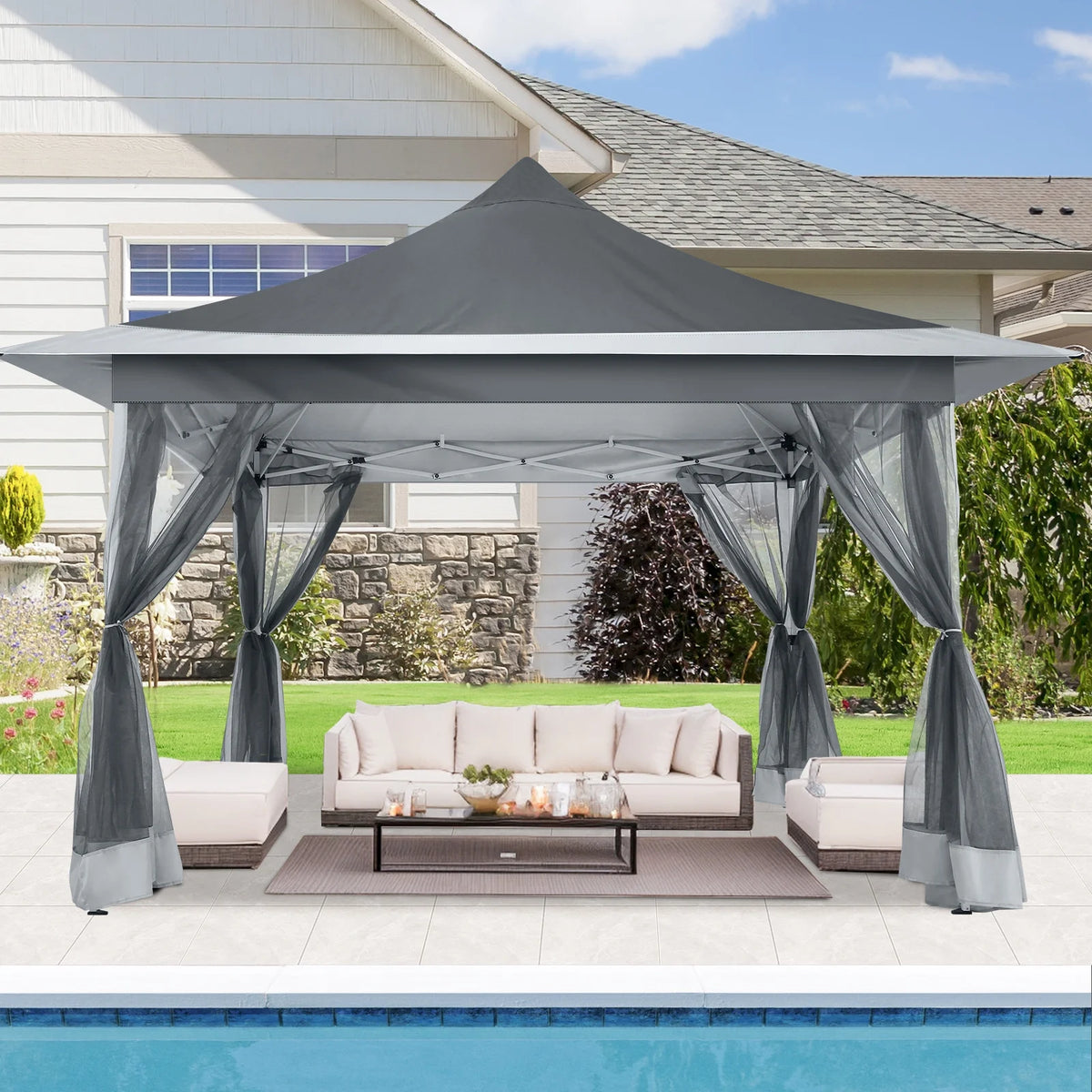 HOTEEL 12x12 EZ Pop Up Gazebo Tent with Sidewalls,Patio Gazebo Instant Shelter for Outdoor Party Camping Backyard Beach with Carry Bag,Stakes,Ropes,Gray