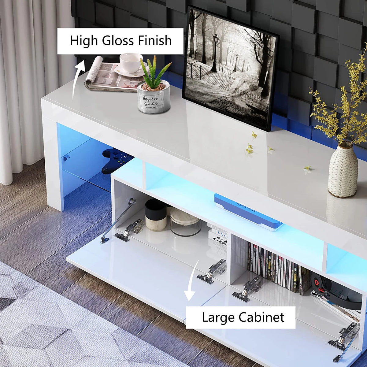 UHOMEPRO TV Stand for TV up to 70", Living Room Entertainment Center with RGB LED Lights and Storage Shelves Furniture, White High Gloss TV Cabinet Console Table