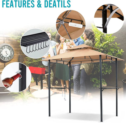 ABCCANOPY 8'x 5' Grill Gazebo Shelter, Double Tier Outdoor BBQ Gazebo Canopy with LED Light(Brown)
