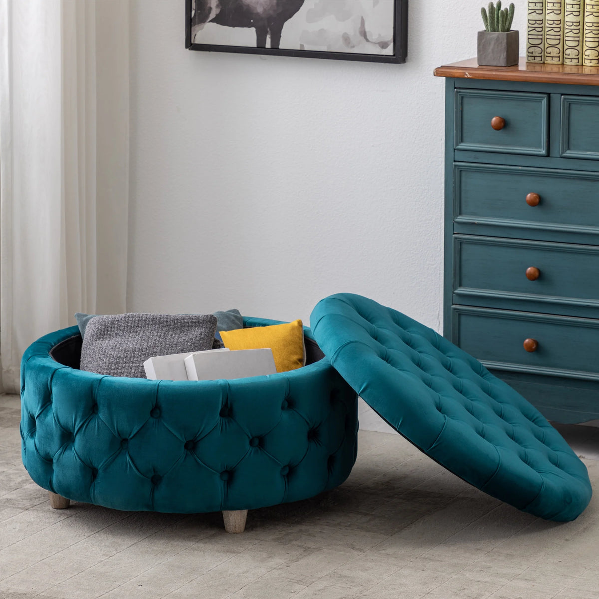 WestinTrends Wordford Round Velvet Tufted Storage Ottoman, Velvet Navy Blue