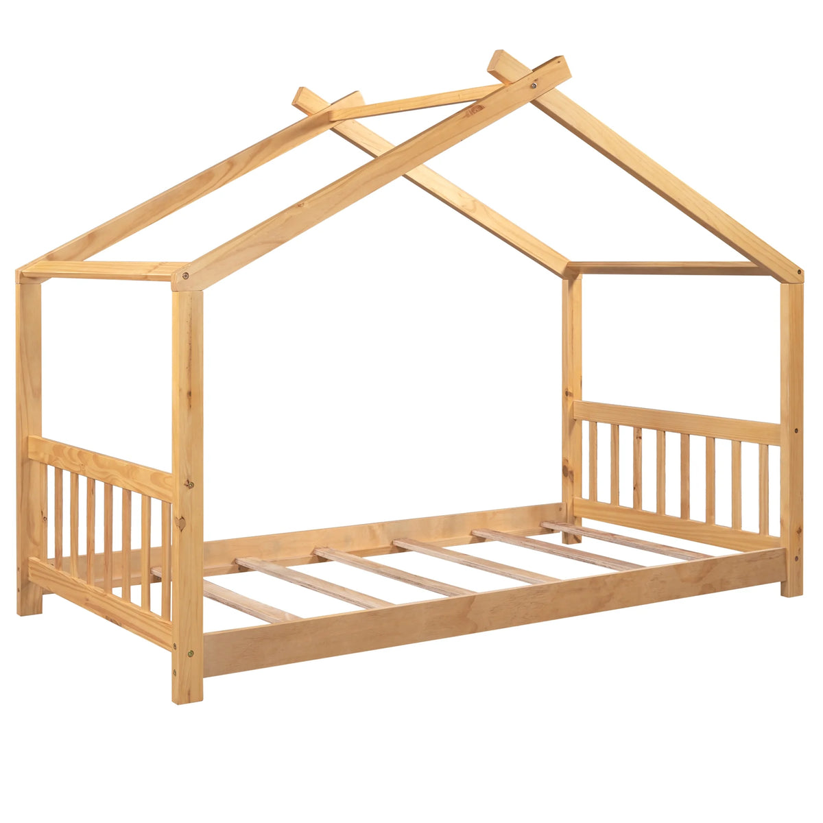 Euroco Wood House-Shaped Twin Platform Bed for Kids, Low Profile House Bed, No Box Spring Needed, Wood Color