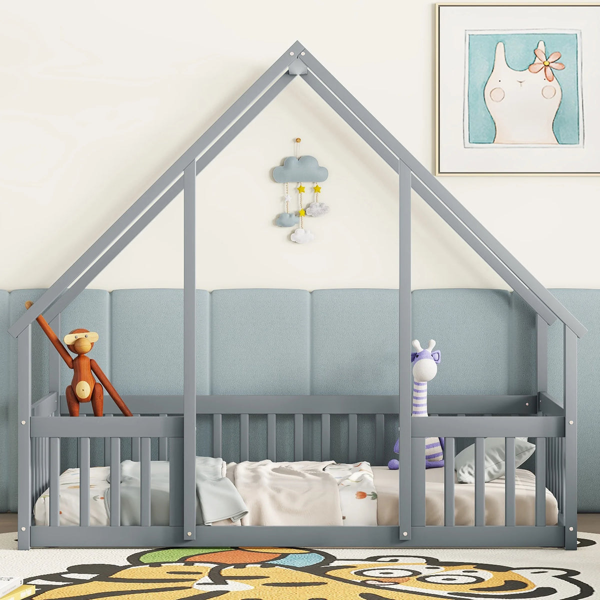 Bellemave Twin Size Floor Bed Frame, Wooden House Bed Twin Size with Fence, Montessori Bed with Guardrails for Bedroom (White)