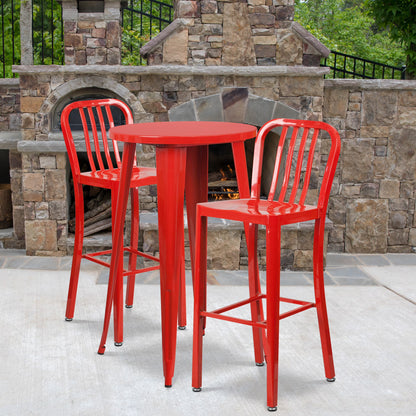 Flash Furniture Earl Commercial Grade 24" Round Silver Metal Indoor-Outdoor Bar Table Set with 2 Vertical Slat Back Stools