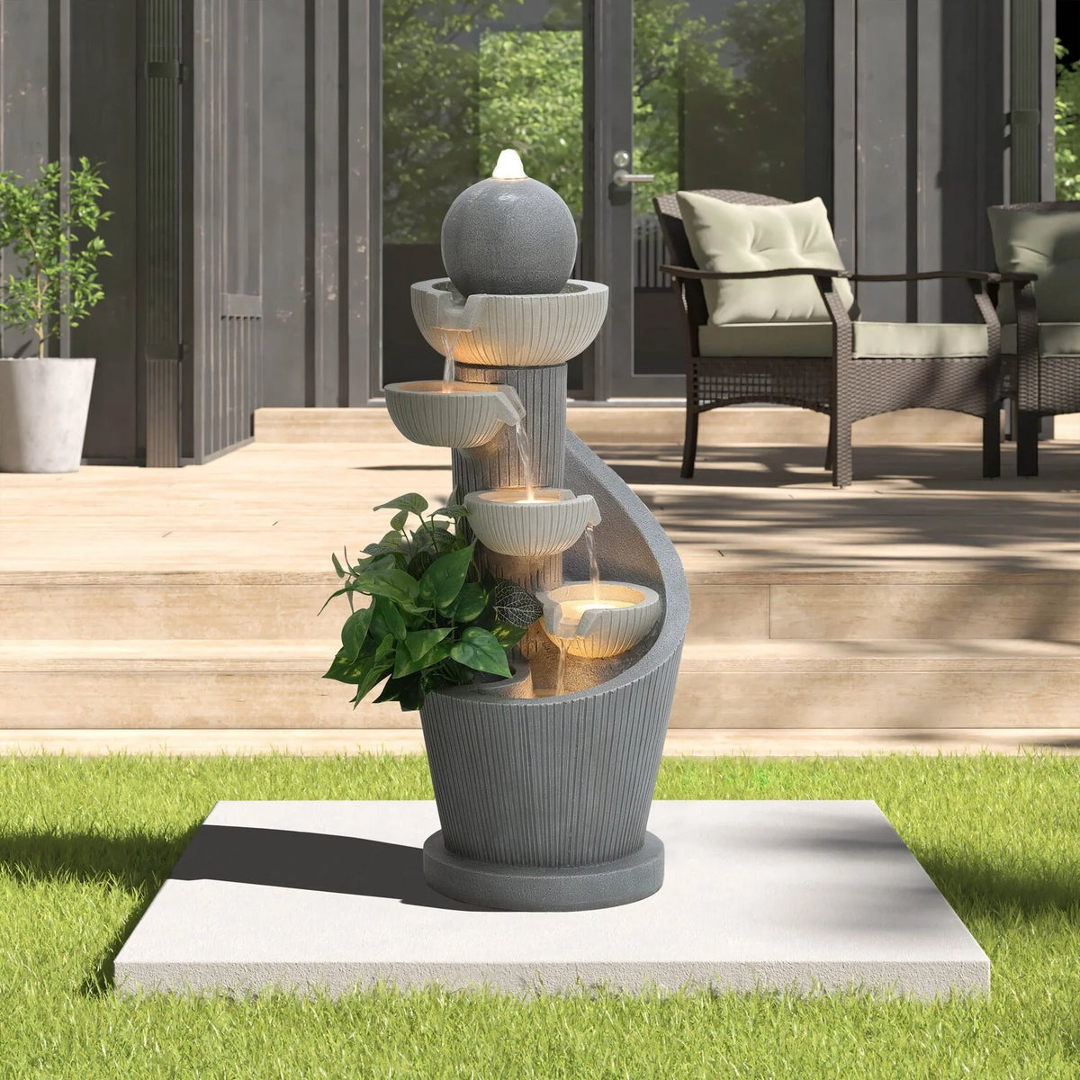 LuxenHome Outdoor Water Fountain, 29 Inch Resin Cascading Water Fountains Indoor with LED Lights