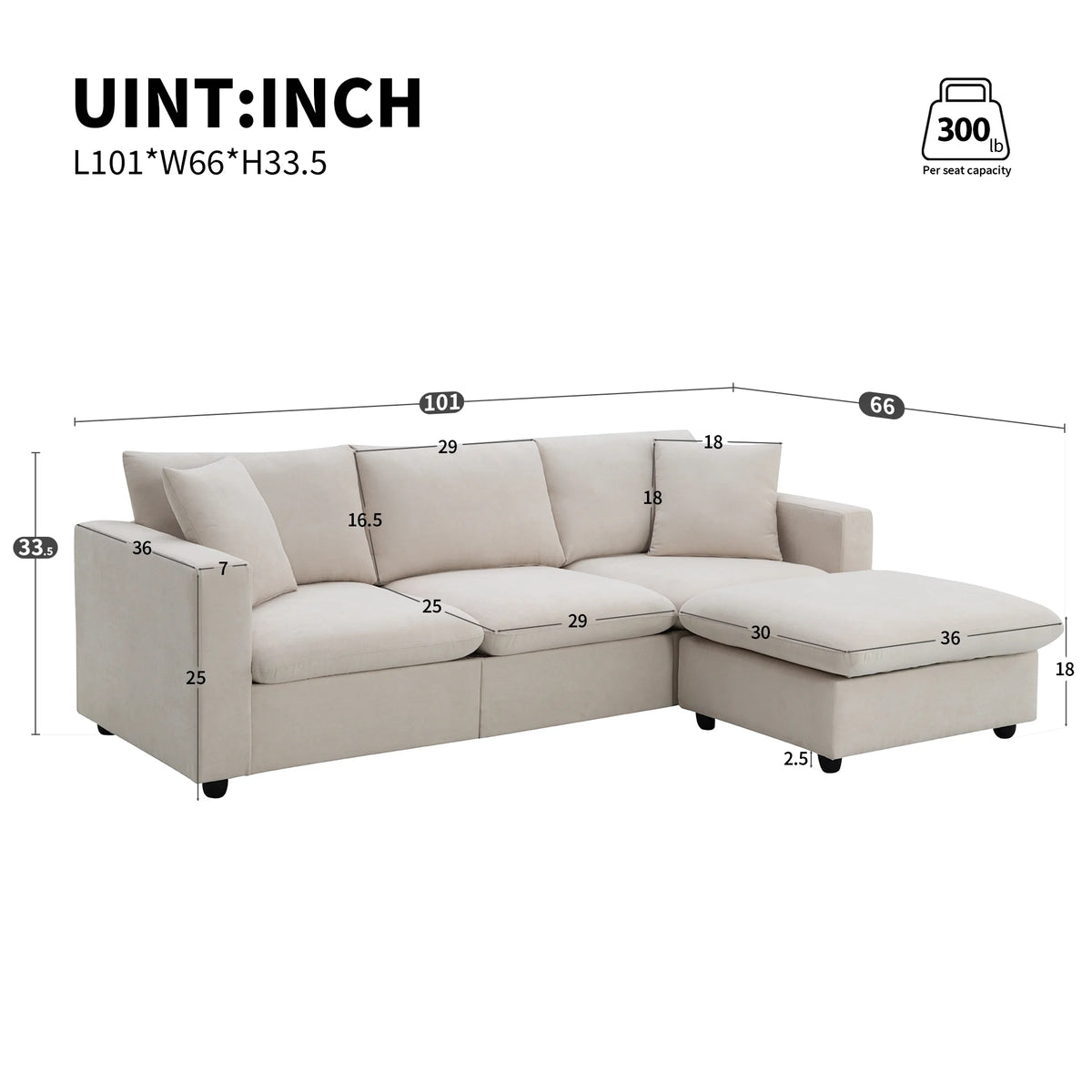 Harper & Bright Designs Modern Sectional Sofa 3 Seat Couch with Ottoman, Upholstered L Shaped Cloud Couch for Small Space Apartment Office, White