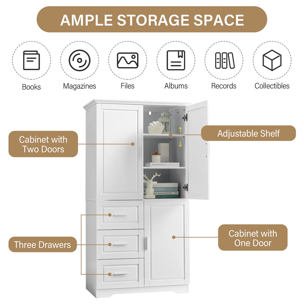 Bellemave White Tall Storage Cabinet with Adjustable Shelf Bathroom Cabinet with 1 Drawer and Storage Rack Large Freestanding Wood Cabinet Storage Organizer Floor Cabinet, White