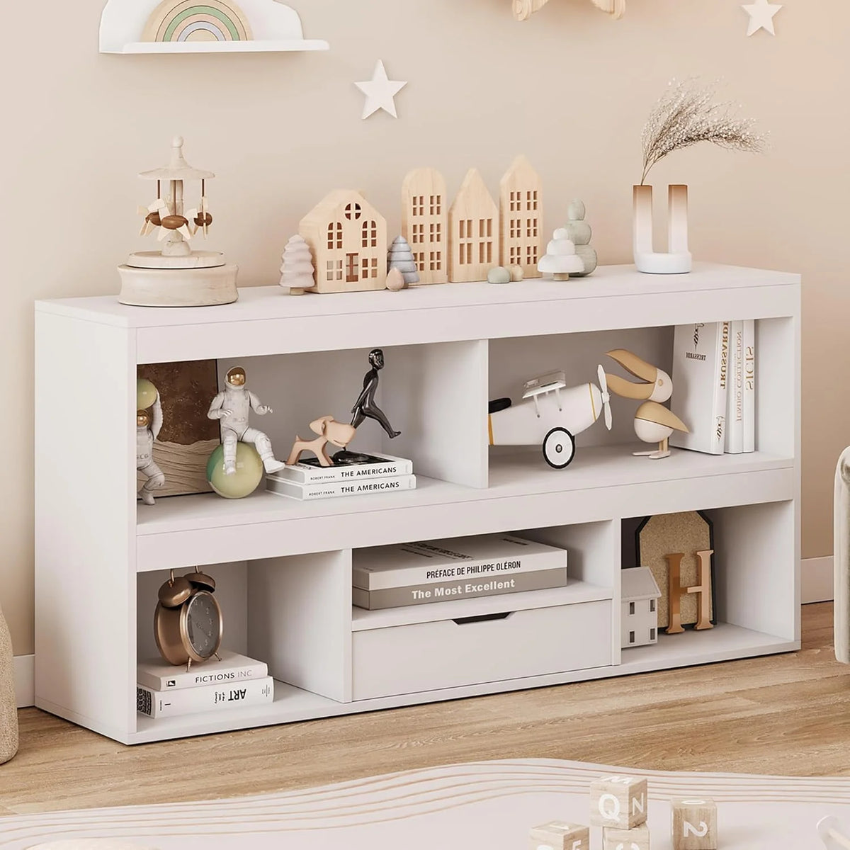 IdealHouse 5-Cube Kids Storage Organizer with Drawer, Wooden Toy Storage Cabinet for Playroom, Nursery, Classroom �C White Wood Finish