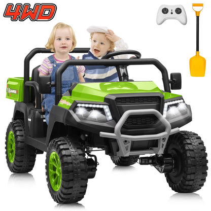 Joyracer 4WD 24 Volt Ride on Toys UTV with 2 Seater & Remote Control, Kids Electric Golf Cart w/ 4x200W Power Motors, Tiltable Trailer & Shovel, 4 Wheels Spring Suspension, Bluetooth USB Music, Black