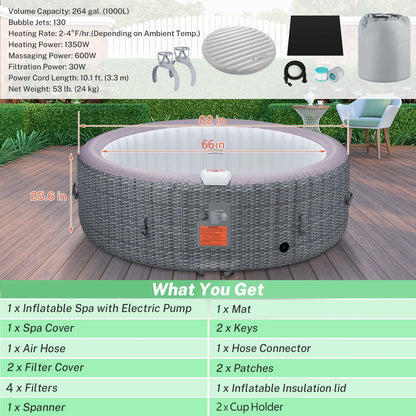 82'' Inflatable Hot Tub, Portable Hot Tub for Home Spa, Outdoor Round Hot Tub W/130pcs Jets, 6 Person Inflatable Pool with Heating, 4 Filters, 2 Cup Holders
