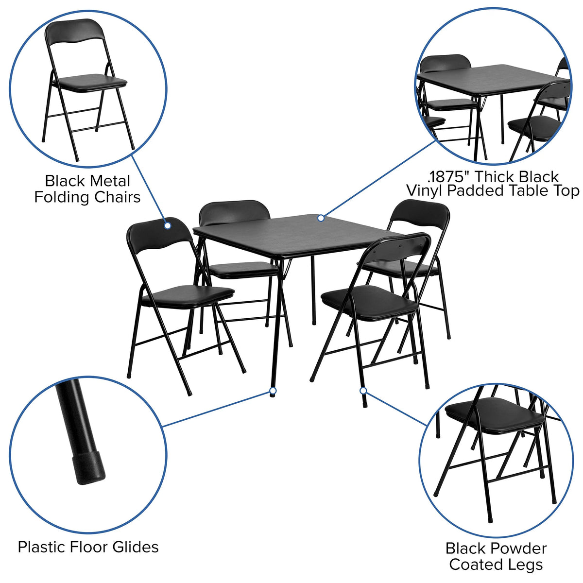 Madison 5-Piece Folding Card Table and Chairs Set, Portable Event Table and Chairs Set, Black