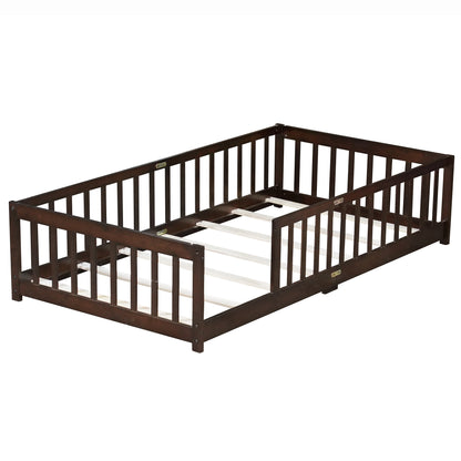 Miniyam Wooden Twin Size Floor Bed with Safety Fence for Kids, Natural
