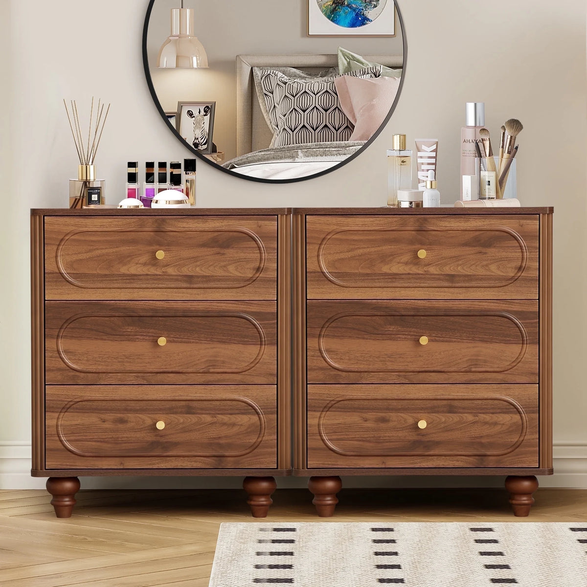 YOCWO 3 Drawer Nightstand, Classic Chest of Drawers with Arc Edge, Walnut