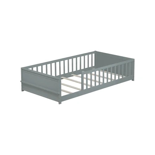 Bellemave Twin Size Floor Bed with Fence, Montessori Floor Twin Bed with Built-in Book Rack, Solid Wood Twin Bed with Slats and Safety Guardrails, Natural