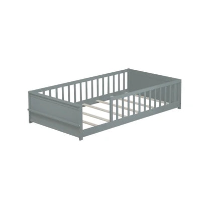 Bellemave Twin Size Floor Bed with Fence, Montessori Floor Twin Bed with Built-in Book Rack, Solid Wood Twin Bed with Slats and Safety Guardrails, Natural