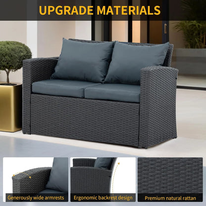 7 Piece Patio Furniture Sets Outdoor Sectional PE Rattan Outdoor Furniture Patio Conversation Set with Cushions and Glass Coffee Table, for Balcony Lawn and Garden, Gray