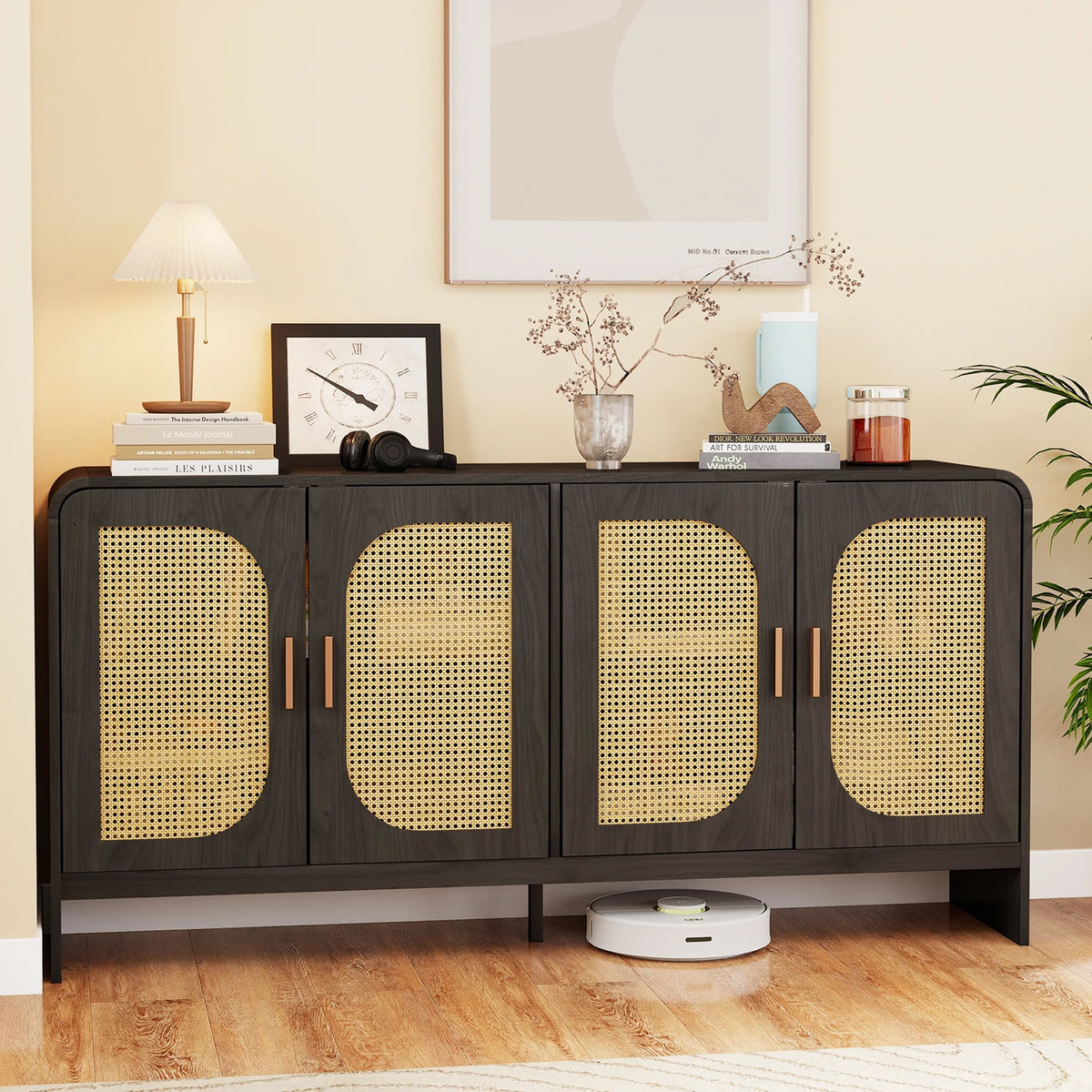 Modern Rattan Sideboard Buffet Cabinet, Kitchen Storage Cabinet, Living Room TV Stand for TVs up to 65", Entertainment Center with Adjustable Shelf, for Dining Living Room Hallway, White