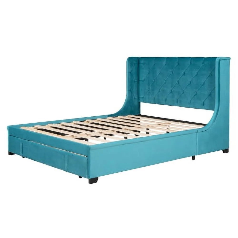Queen Bed Frame with Storage Drawer, Velvet Upholstered Storage Bed, Wood Platform Bed Frame with Wingback Headboard and a Big Drawer(Beige)