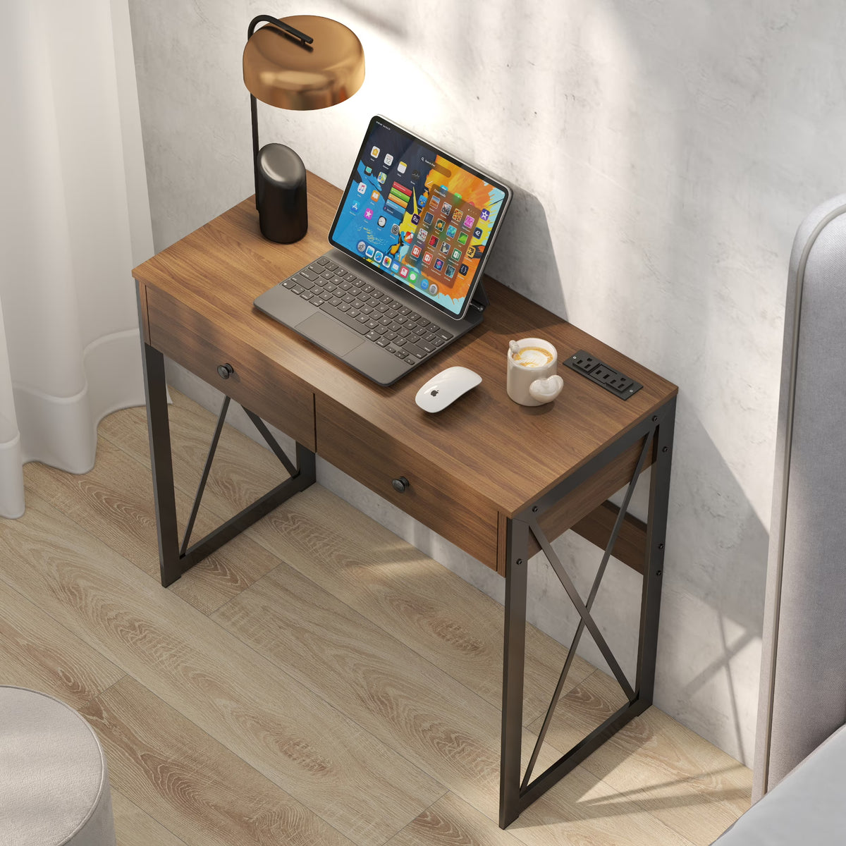 Manxile Fluted Computer Desk with USB Ports & Power Outlet, Modern White Study Table with Drawers