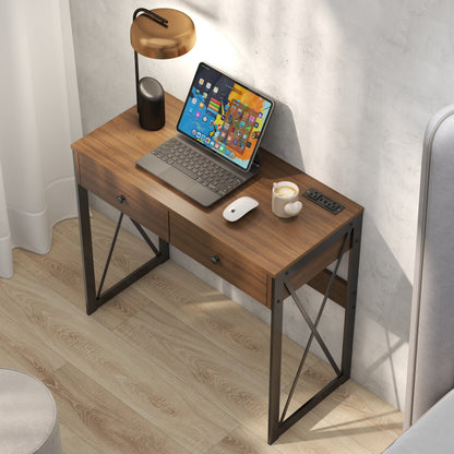 Manxile Fluted Computer Desk with USB Ports & Power Outlet, Modern White Study Table with Drawers