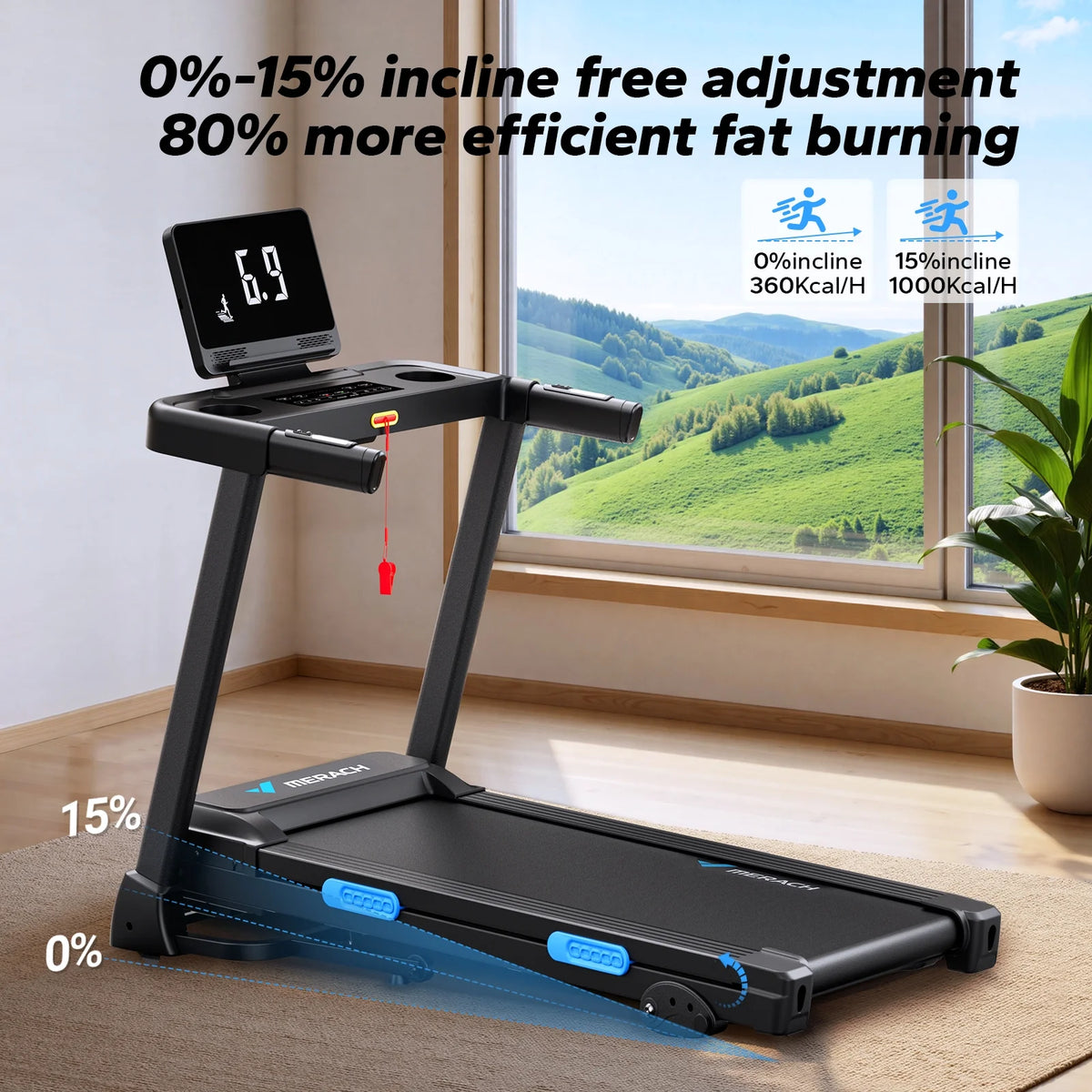 MERACH 2.5HP Folding Treadmill with Incline, Fitness Treadmill for Home with APP, 0.8-7.5MPH, LED Display