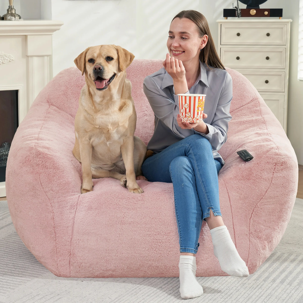 HOMGUAVA Giant Bean Bag Chair for Adults & Kids, Oversized Lounger Couch Large Lazy Chair w/ Stuffed Memory Foam & Wide Armrests, Light Gray