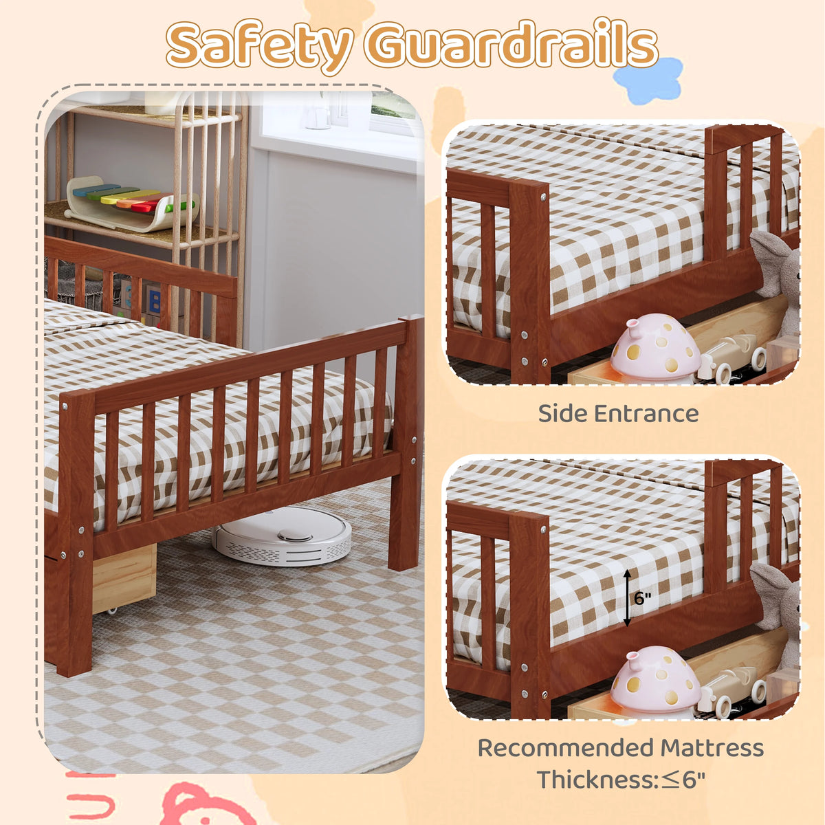Euroco Wood Twin Size Platform Bed with Storage Headboard and Drawers, Low Profile Bed with Guardrails for Kids and Toddlers, White