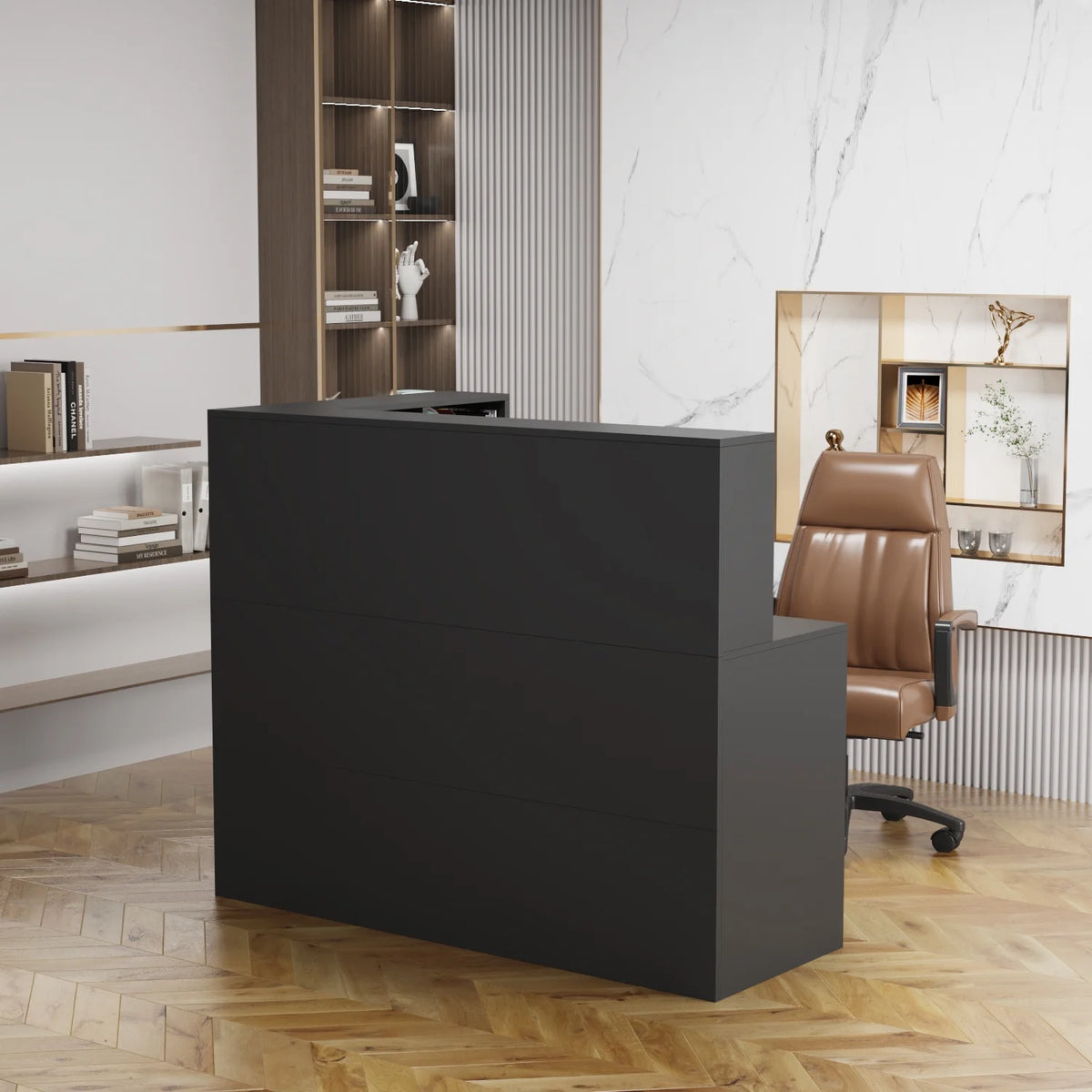 MONSLIPA L-Shape Wood Reception Desk with , Register Stand Reception Center Desk, White