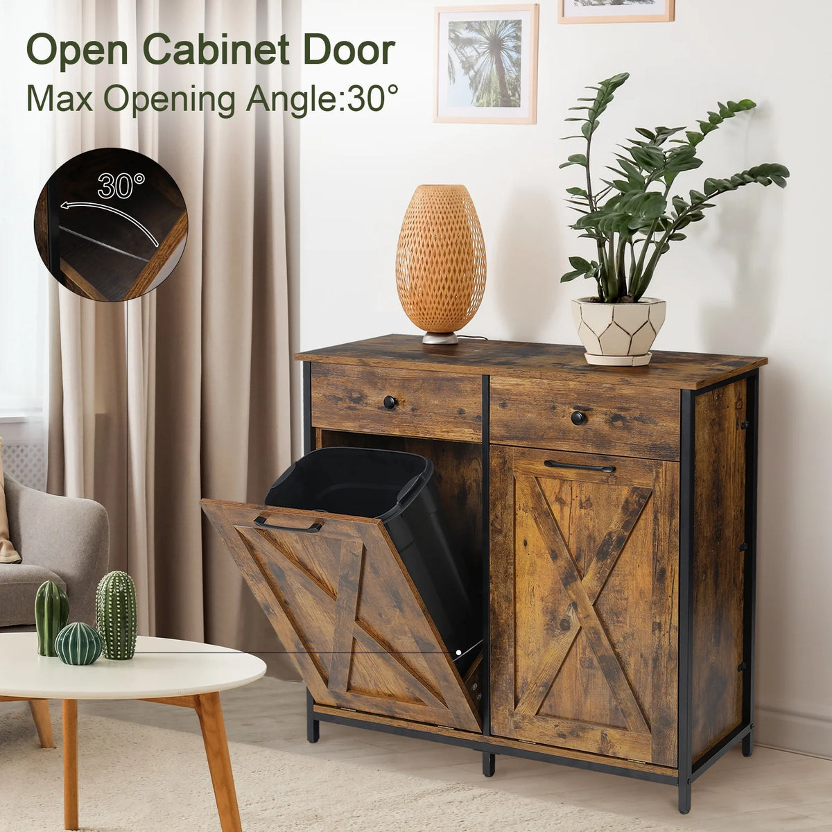 Pirecart 20 Gallon Double Tilt Out Trash Cabinet Wood Hidden Storage Cabinet, Recycling Cabinet with 2 Drawers, Black