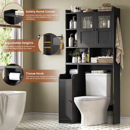 Over The Toilet Storage Cabinet with 3 Doors, Farmhouse Space Saver for Bathroom Organizer with Paper Holder, 10 Shelves and Hooks, 7-Tier Over Washing Machine Cabinet for Laundry, Bathroom, Natural