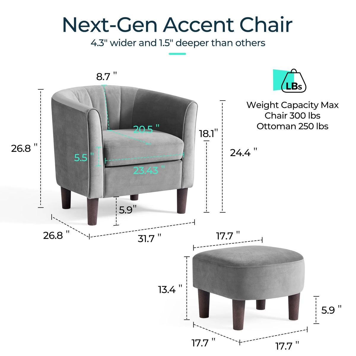 LINSY HOME Chenille Accent Chair with Ottoman for Living Room, Dark Gray