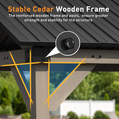 Aoodor 10 x 12 ft Wooden Frame Gazebo with 2-Tier Galvanized Metal Hardtop Roof, Outdoor Patio Gazebo with Charging Socket for Patio, Backyard, Deck, and Lawn